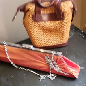 Brown Woven Tote and Orange Clutch Set